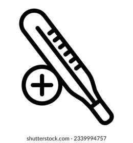 Medical thermometer line icon, covid-19 concept, Check body temperature to prevent coronavirus sign on white background, glass thermometer with plus symbol in outline style. Vector graphics