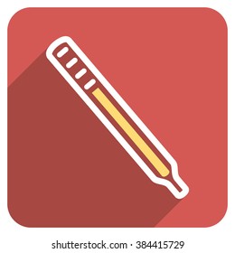 Medical Thermometer long shadow vector icon. Style is a flat symbol on a red rounded square button.