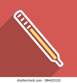 Medical Thermometer long shadow vector icon. Style is a flat light symbol on a red square background.