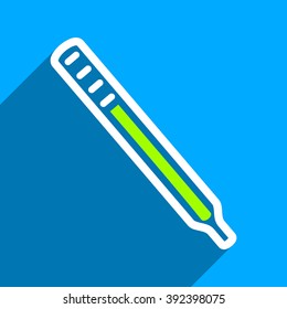 Medical Thermometer long shadow vector icon. Style is a flat medical thermometer iconic symbol on a blue square background.