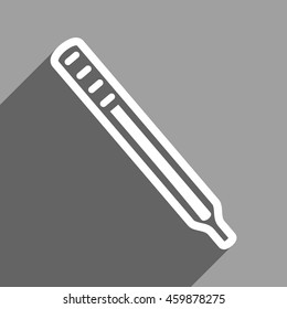 Medical Thermometer long shadow vector icon. Style is a flat medical thermometer white iconic symbol on a gray square background.
