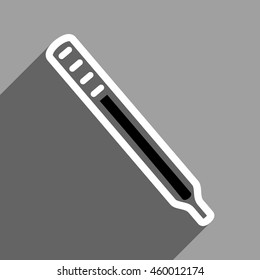 Medical Thermometer long shadow vector icon. Style is a flat medical thermometer black and white iconic symbol on a gray square background.