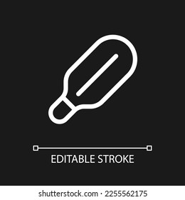 Medical thermometer pixel perfect white linear ui icon for dark theme. Diagnostic instrument. Vector line pictogram. Isolated user interface symbol for night mode. Editable stroke. Arial font used