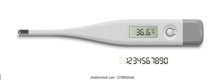 Medical thermometer showing normal temperature. Grey digital number set. Medicine and healthcare. Examination, diagnosis and treatment strategy selection. Vector object isolated on white background