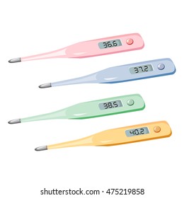 Medical thermometer and various temperature indicators. vector illustration
