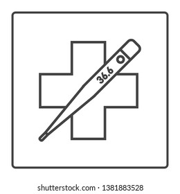 Medical thermometer vector line icon in a black square frame isolated on a white background