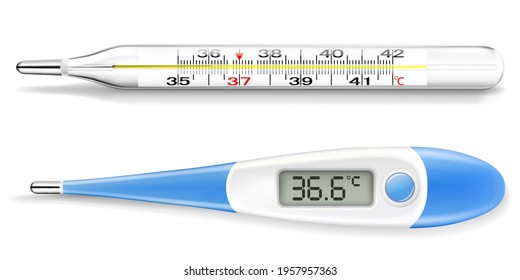 Medical thermometers for determining the temperature of the human body. Mercury and electronic thermometers. Vector 3D realistic illustration.