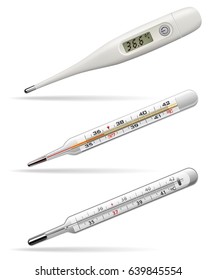 Medical thermometers. Digital, alcohol and mercury thermometers for measuring the temperature of the human body. Vector illustration.