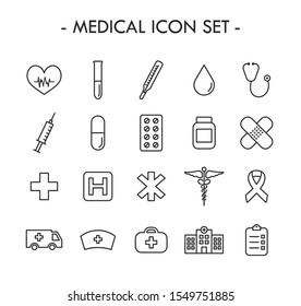 Medical thin line icon set with editable stroke. Health care icons. Medicines, medical supplies... Simple design - outline colection. Vector illustration.