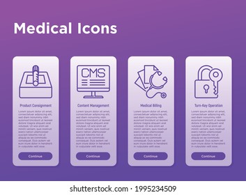 Medical Thin Line Icons Set: Product Consignment, Content Management, Medical Billing, Turn-key Operation. Vector Illustration.