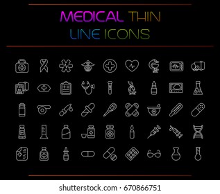 Medical thin line icons set. Medicine, first aid, ambulance, health  care, hospital, emergency, doctor, therapy. Vector illustration.