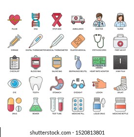 Iconos perfectos médicos, de líneas delgadas y de píxeles