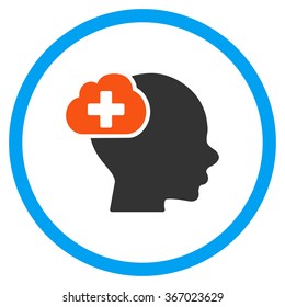Medical Think vector icon. Style is flat circled symbol, orange and blue colors, rounded angles, white background.