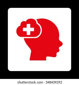 Medical Thinking vector icon. Style is flat rounded square button, red and white colors, black background.