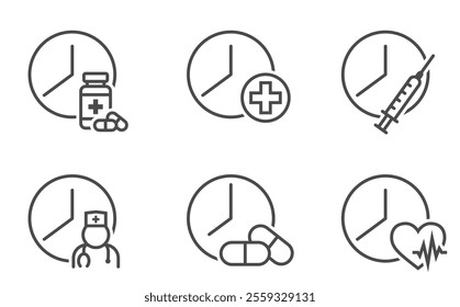 Medical time line icon set. Doctor appointment time and medication reminder. Health care isolated vector images in simple style