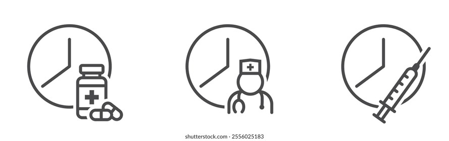 Medical time line icons. Doctor appointment and medication reminder. Health care isolated vector image in simple style