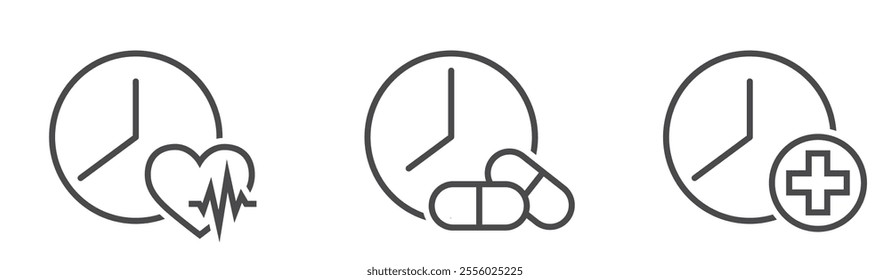 Medical time line icons. Medical exam, cardiac appointment and medication reminder. Health care isolated vector image in simple style