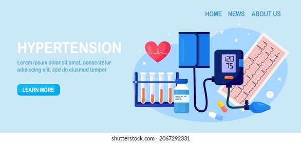 Medical Tonometer. Digital Sphygmomanometer With Monitor. Cardiology Disease, Hypertension, Diabetes. Equipment For Measuring Blood Pressure, Test Tubes, Medicines, Vial And Cardiogram. Vector Design