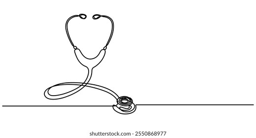 Medical tool - Stethoscope continuous single outline illustration. One line drawing of stethoscope. Vector illustration, continuous single drawn one line stethoscope freehand drawn picture silhouette.