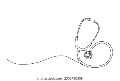 Medical tool - stethoscope in simple outline illustration. Continuous line drawing of stethoscope. 