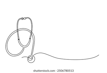 Herramienta médica - estetoscopio en ilustración de contorno simple. Dibujo continuo de la línea del estetoscopio. 