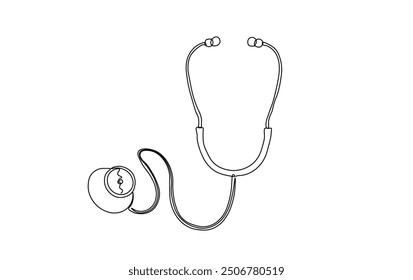 Medical tool - stethoscope in simple outline illustration. Continuous line drawing of stethoscope. 