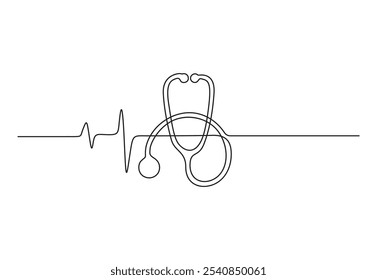 Medical tool - Stethoscope in simple outline illustration. Continuous line drawing of stethoscope. Vector illustration