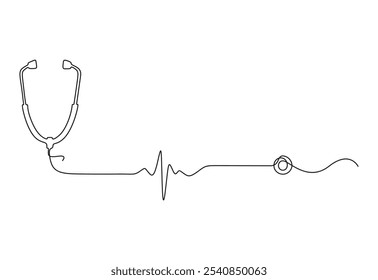 Ferramenta médica - Estetoscópio em ilustração de contorno simples. Desenho de linha contínua do estetoscópio. Ilustração vetorial