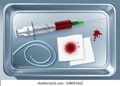 Medical tools collection with instruments after blood taking in metal sterilizer isolated vector illustration