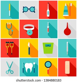 Medical Tools Colorful Icons. Vector Illustration. Set of Flat Rectangle Health Items with Long Shadow.