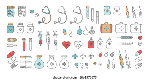 Medical tools doodle vector icon. First aid kit, syringe and stethoscope, vial of medicine, pill, thermometer, medical plaster, pipette. Flat and outline design. Hand drawn illustration