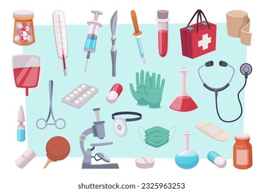 Medical tools. Drugs and pills for healthcare people antibiotic pharmacy industry medical items exact vector templates in cartoon style