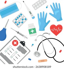 Medical tools and equipment flat vector set. Includes gloves, mask, thermometer, pills, syringe, clipboard, stethoscope, heart symbol, and more. Healthcare, hospital and emergency design elements