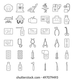 Medical Tools Equipment Grugs Icons Set. Outline Illustration Of 36 Medical Tools Equipment Grugs Vector Icons For Web