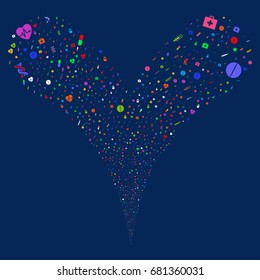 Medical Tools fireworks stream. Vector illustration style is flat bright multicolored iconic medical tools symbols on a blue background. Object fountain made from random symbols.