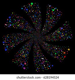 Medical Tools fireworks swirl rotation. Vector illustration style is flat bright multicolored iconic symbols on a black background. Object twirl done from random icons.