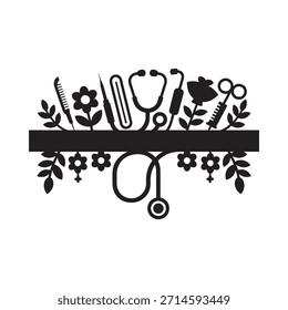 Herramientas médicas y Elementos florales dispuestos en una composición artística simétrica