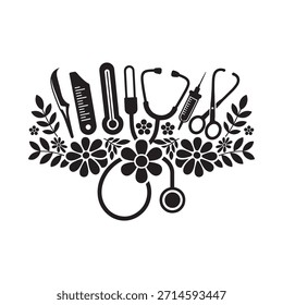 Las herramientas médicas y los Elementos florales se combinan en un diseño de silueta negro decorativo
