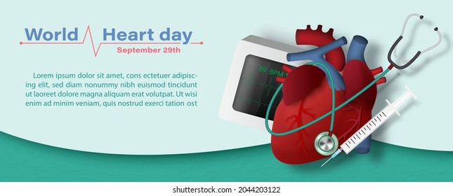 Medical tools with a human heart and the day and name of event, example texts on abstract shape and green background. Poster campaign of World Heart Day in vector design.