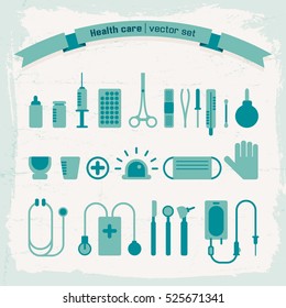 Medical tools and instruments icons set isolated on textured background flat vector illustration