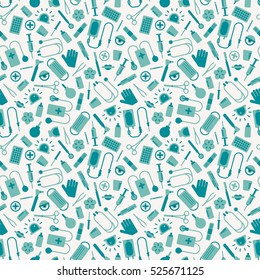 Medical tools and instruments seamless pattern in white and blue colors flat vector illustration