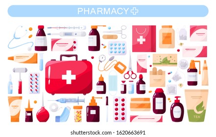 Medical tools and pharmacy set with syringe and amp. Stethoscope and thermometer, sterile instrument. Drug and pill. First aid kit concept. Isolated vector illustration in cartoon style.