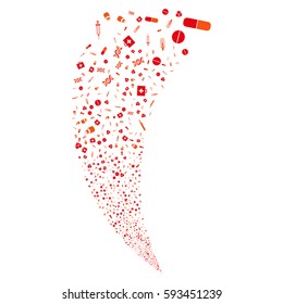 Medical Tools random fireworks stream. Vector illustration style is flat intensive red and orange iconic symbols on a white background. Object fountain made from scattered design elements.