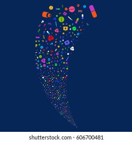 Medical Tools random fireworks stream. Vector illustration style is flat bright multicolored iconic symbols on a blue background. Object fountain created from scattered pictograms.