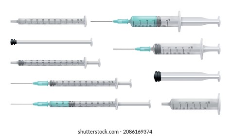 Medical tools realistic set of modern plastic syringes with drug and needle and isolated vector illustration