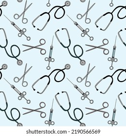 Medical tools, seamless pattern. Hand drawn icon set vector. Sketch objects background. Blue and white backdrop. Good for a printing and web materials, medical clinic.