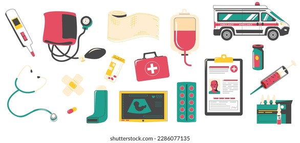 Medical tools set. Doodle drug store hospital supplies, pharmaceutical equipment and pills, cartoon first aid elements. Vector collection. Illustration of dropper and bandage, tourniquet and inhaler