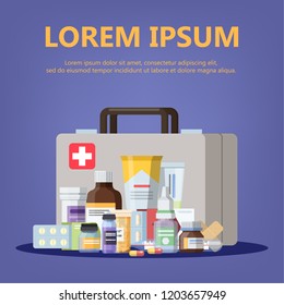 Medical tools set with first aid kit on the background. Stethoscope and forceps, sterile instrument. Drug and pill. Healthcare concept. Vector illustration in cartoon style.