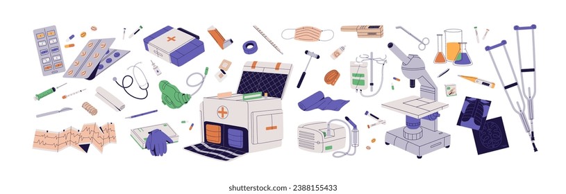 Medical tools set. First aid kit: pills, thermometer, inhaler. Hospital supplies: ECG equipment, surgical scalpel, test tubes, microscope, crutches. Medicine flat isolated vector illustration on white