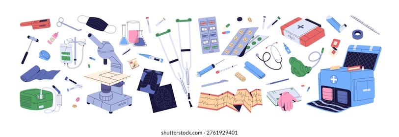 Conjunto de herramientas médicas. Artículos del kit de primeros auxilios: píldoras, vendajes, máscara. Suministros para ambulancia y hospital: diferentes remedios, instrumentos quirúrgicos, termómetro. Ilustraciones vectoriales aisladas planas en blanco
